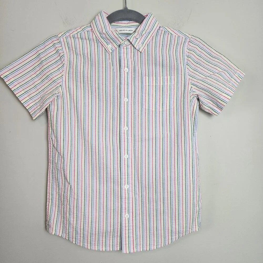 Janie and Jack boy 10 short sleeve cotton shirt button up rainbow stripe pocket